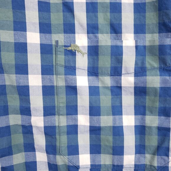 Tommy Bahama Shirt Mens XL Blue Green Plaid Hidden Collar Buttons Pima Cotton - Picture 3 of 8